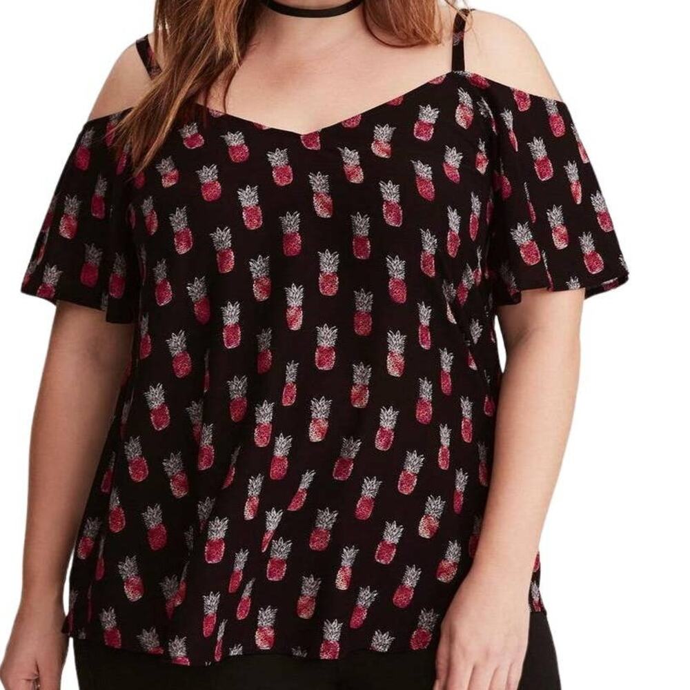 Torrid Challis Cold Shoulder Flowy Blouse Top Pineapple Print Size 3 (22/24)